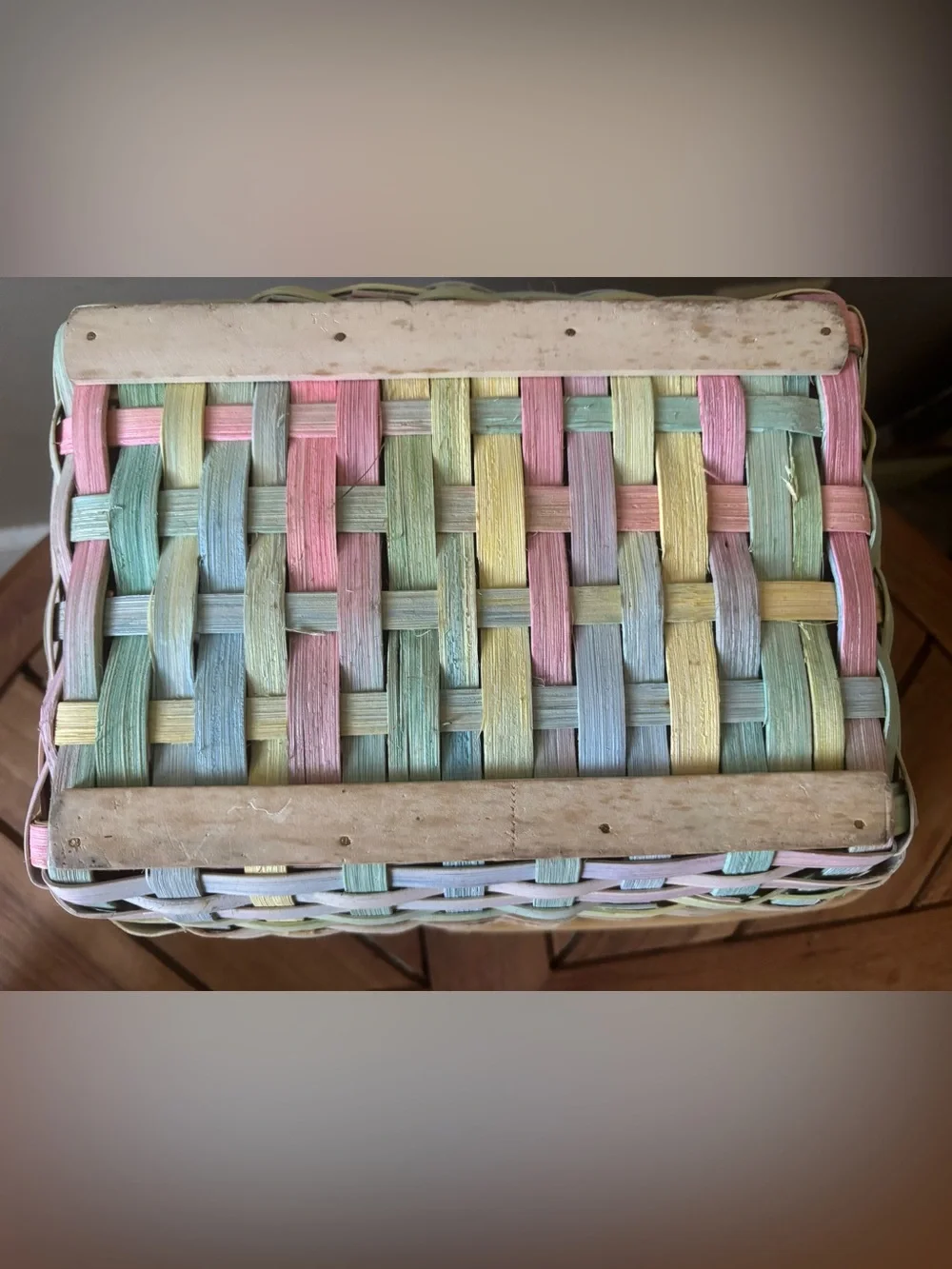 Vintage Pastel Woven Basket W/Handle 11”x9” Cottagecore